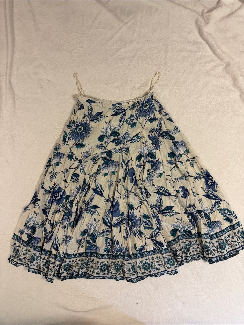 Cream and Blue Floral Circle Skirt with Border Hem